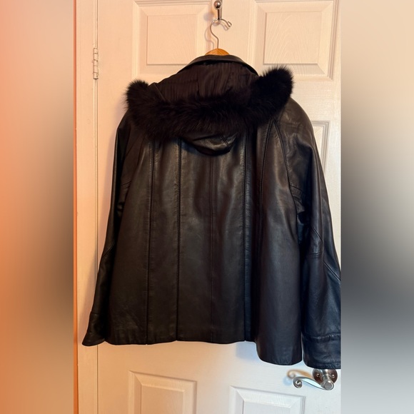 Women's Black Leather Hooded Jacket with Fur Trim - Genuine Leather - Picture 6 of 13